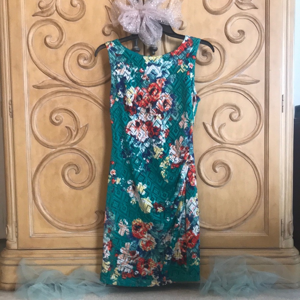 Bisou Bisou Floral Lace Fitted Dress Turquoise Green